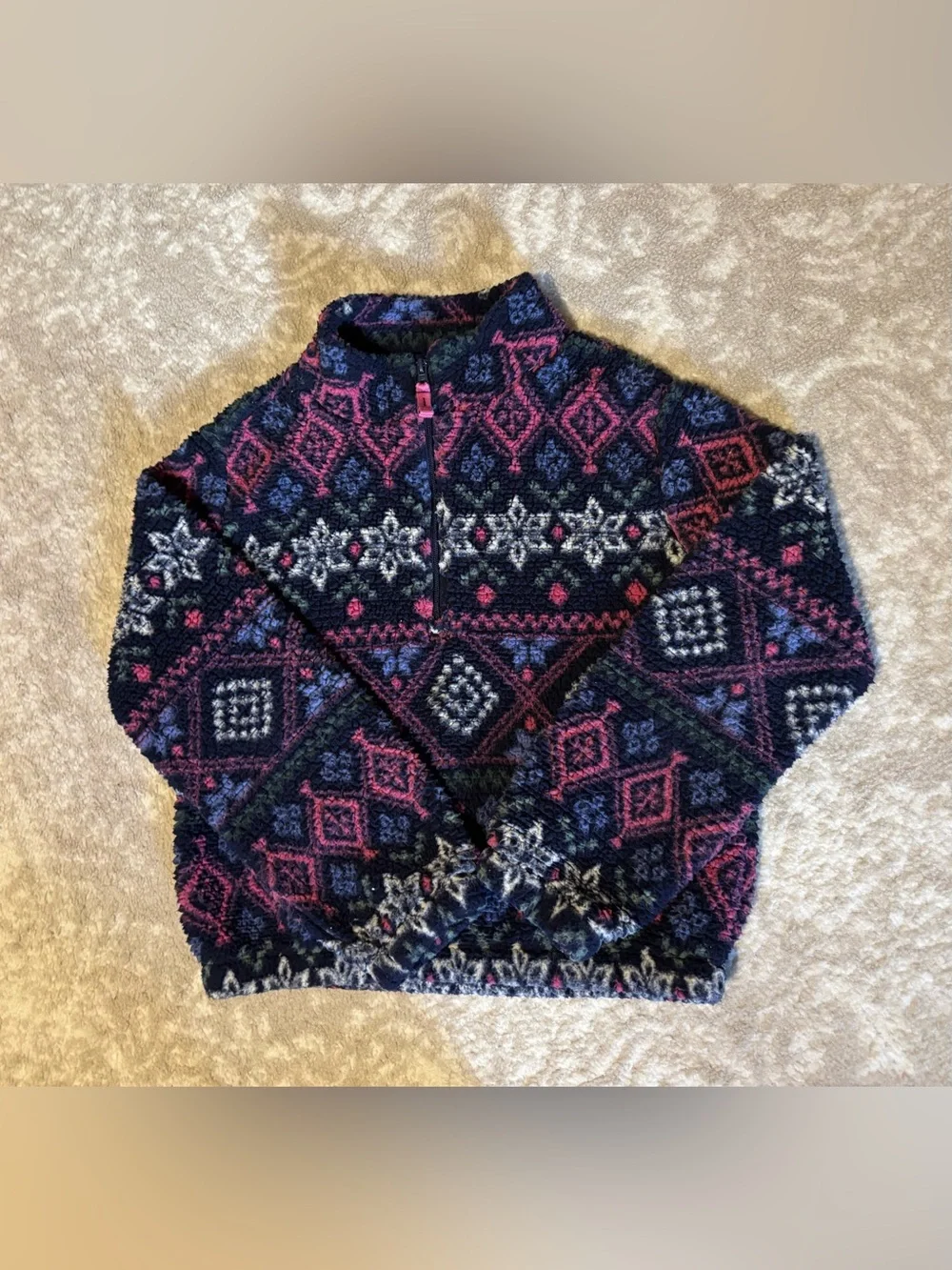 Oshkosh B'gosh - Kids Navy Fair Isle Pattern Fuzzy Sweater Pink White Accents